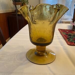 Vintage Hand Blown Amber Compote Glass Ruffled Footed Bullicante Bubble Vase